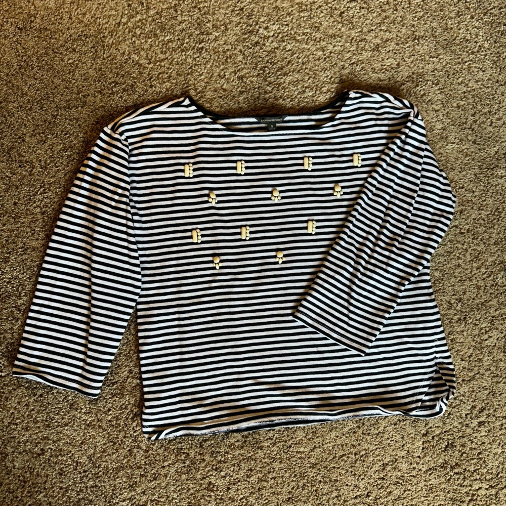 Banana Republic navy and white striped jeweled 3/4 sleeve top